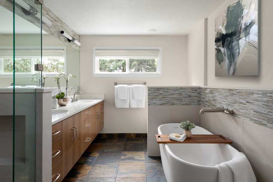 Mid Century Bathroom with Slate Floors for a Japandi and Northwest inspired spa feeling