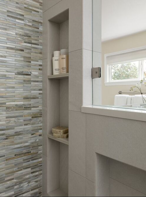 LauraZB Design Interior Design Shower with Custom Niche and Lunada Bay Glass Tile