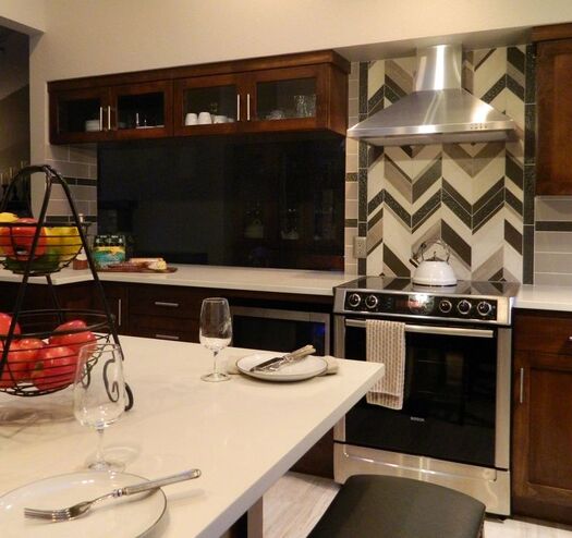 Laura ZB Design Interior Designer Dark Wood Cabinet Kitchen Makeover Chevron Pattern Tile