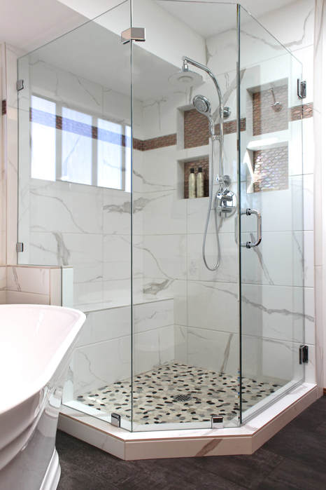 Laura ZB Design Interior Designer Bathroom Remodel Emser Tile, Pental Tile, Glass Mosaic
