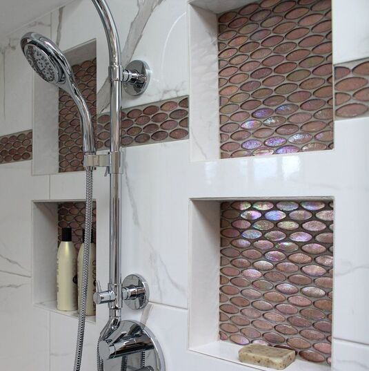 Laura ZB Design Interior Designer Bathroom Shower Remodel Kohler Shower, Glass Niche