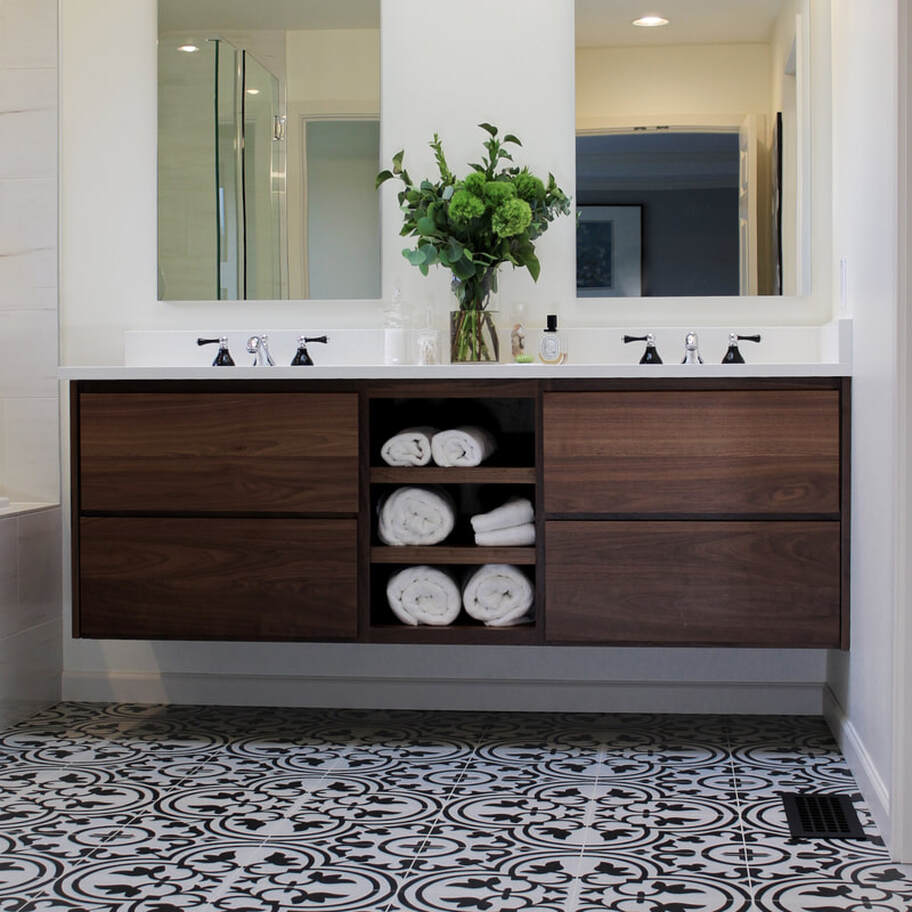 Laura ZB Design Interior Designer Encaustic Black and White Tile Bathroom Cabinet