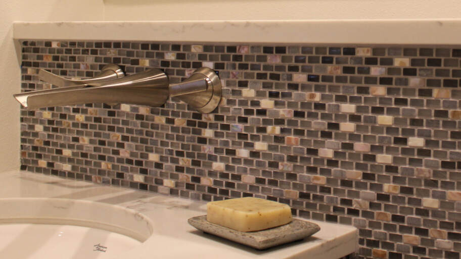Laura ZB Design Interior Designer Bathroom Remodel with Shell, Stone & Glass Mosaic Tile