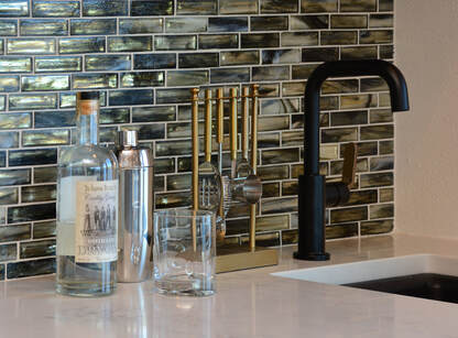 Laura ZB Design Interior Design. Wet Bar with Brizo Faucet, Jeffrey Court Glass